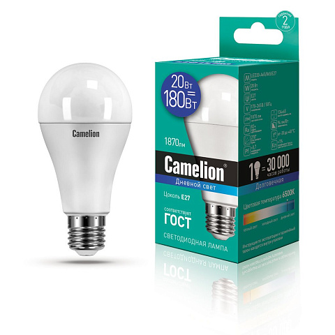 Лампа светодиодная 20Вт 220В 6500К Camelion LED20-A65/865/E27