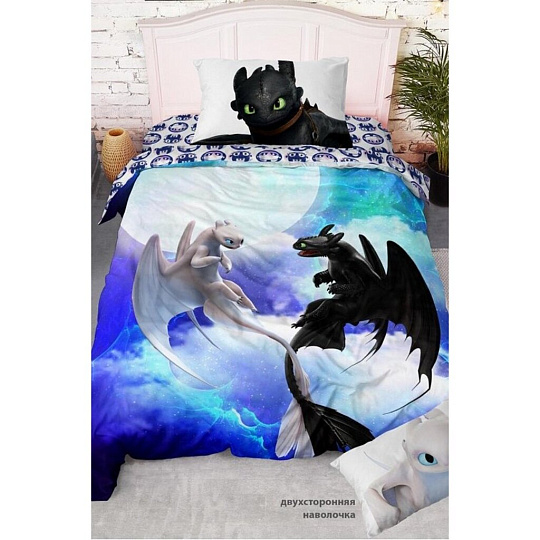 Постельное белье детское 1.5-сп, пр150х214, н70х70, п143х215, поплин, Как приручить дракона Neon, Се
