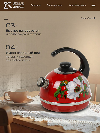 Чайник сталь, эмалированное покрытие, 3.5 л, со свистком, ручка консольная, Рубин, Маричка, бордовый, T04/35/01/33