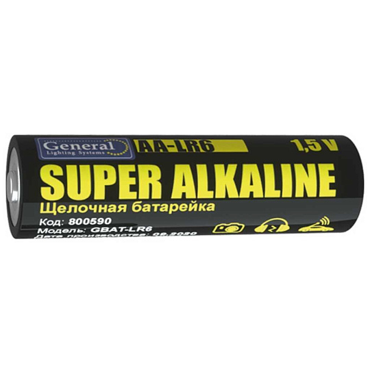 Батарейка General Lighting Systems, АА (LR6, 15A), GBAT-LR6, щелочная, 1.5 В, блистер, 4 шт, 800590