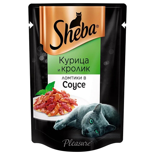 Корм для животных Sheba, Pleasure, 85 г, для взрослых кошек, кусочки в соусе, курица/кролик, пауч, 10161703