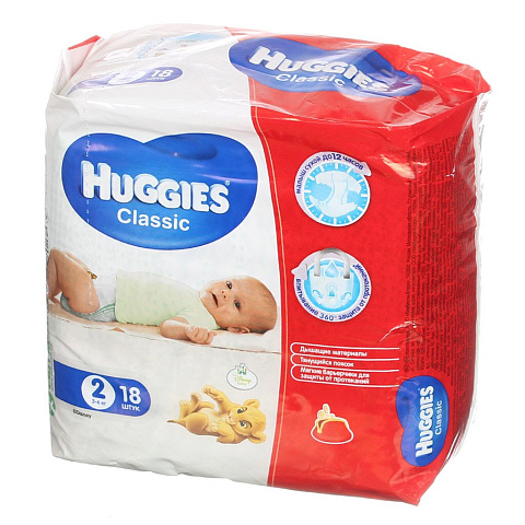 Подгузники детские Huggies, Classic Small Pack №2, р. 2, 3 - 6 кг, 18 шт, унисекс
