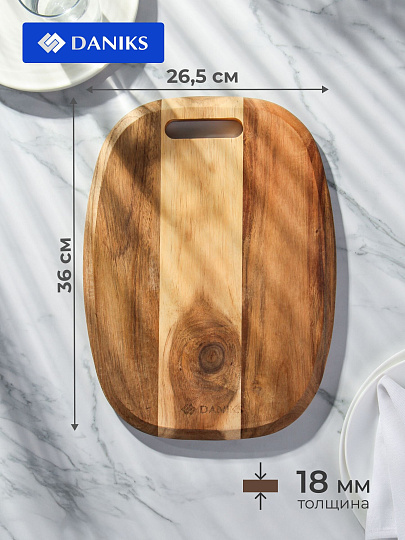 Доска разделочная акация, 36х26.5х1.8 см, с ручкой, прямоугольная, Daniks, CB27936A