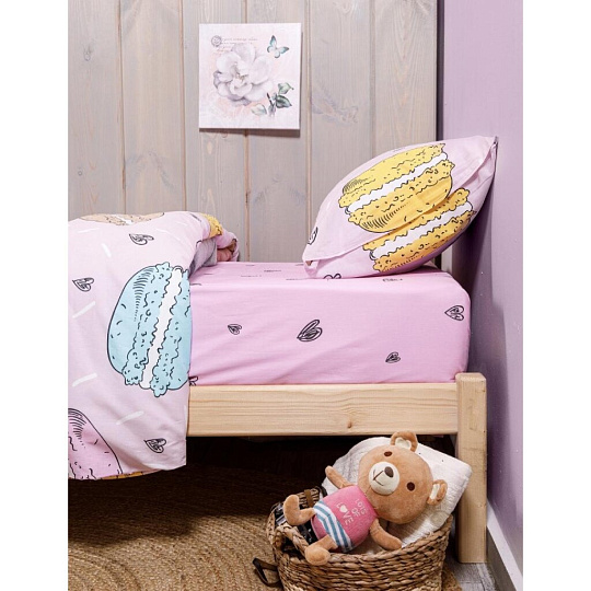 Постельное белье детское 1.5-спальное, простыня 145х215 см, 1 наволочка 50х70 см, пододеяльник 145х215 см, WMW, перкаль, Макарунс