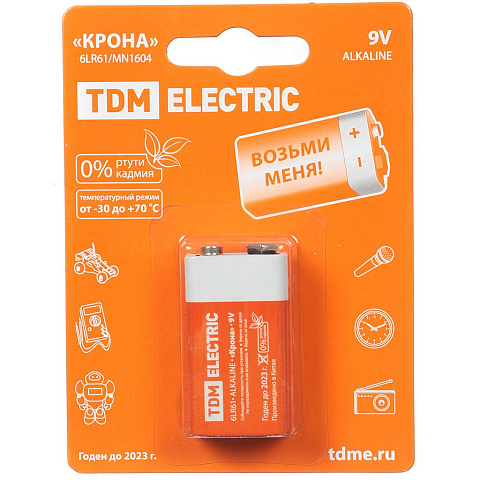 Батарейка TDM Electric, 9V (6LR61, 6F22), Alkaline, алкалиновая, 9 В, блистер, SQ1702-0013