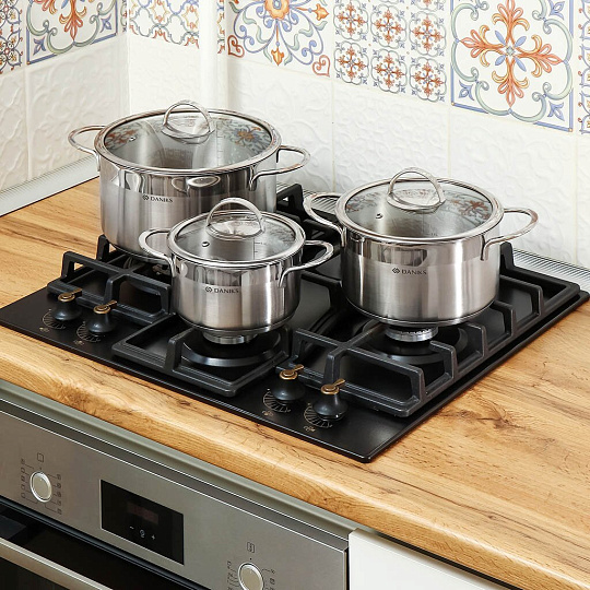 Кастрюля нержавеющая сталь, 3.4 л, крышка стекло, Daniks, Бонн, GS-01319-20CA, индукция