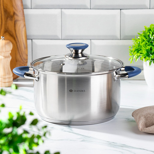 Кастрюля нержавеющая сталь, 4.75 л, крышка стекло, Daniks, Сиена, SD-A93-22, индукция