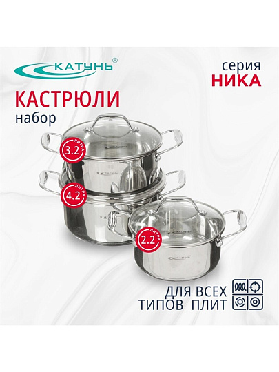 Набор посуды нержавеющая сталь, 6 предметов, кастрюли 2.2,3.2,4.2 л, индукция, Катунь, Ника, KT-02В
