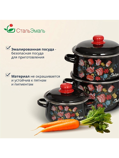 Набор посуды эмалированная сталь, 6 предметов, кастрюли 2,4,5.5 л, индукция, СтальЭмаль, Букет тюльпанов, 1с408