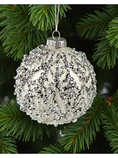 Елочный шар Серебряный лист, белый, 8 см, стекло, XF24-SC021