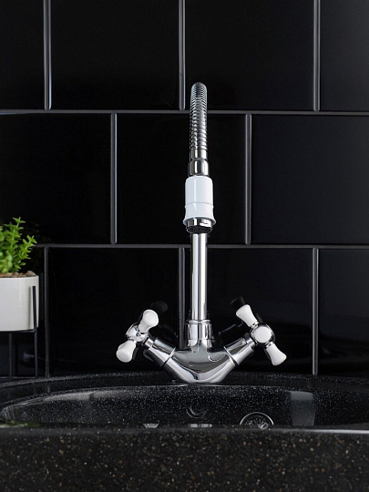 Смеситель для кухни, РМС, гибкий излив, с кран-буксой, белый, SL92W-279F