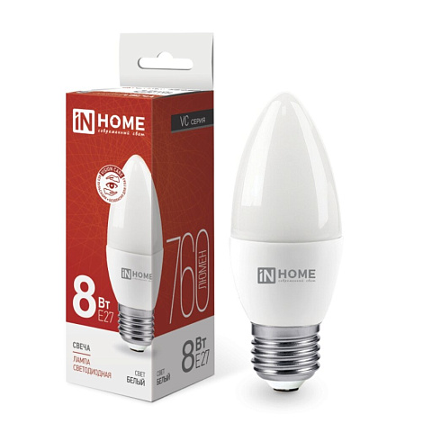 Лампа светодиодная E27, 8 Вт, 80 Вт, 230 В, свеча, 4000 К, свет белый, In Home, LED-СВЕЧА-VC
