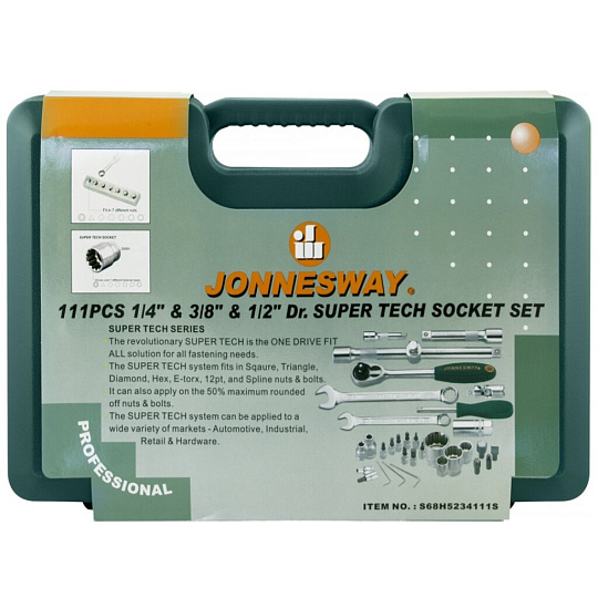 Набор инструментов Jonnesway, Super Tech, 048862/S 68H 5234111S, 1/2", 1/4", 3/8", 6-гранные, сталь, кейс, 111 предметов