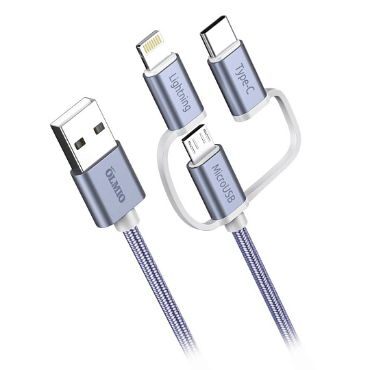 Кабель USB, OLMIO, microUSB, Apple Lightning, Type-C, 2.1 А, 1.2 м, серый, 038896
