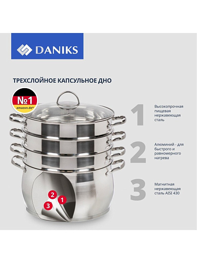 Мантоварка нержавеющая сталь, 28 см, 9.8 л, 4 секции, Daniks, крышка стекло, индукция, металлические ручки, GS-01372-284ST