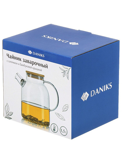 Чайник заварочный стекло, 1.5 л, с ситечком, с бамбуковой крышкой, Daniks, SXH09