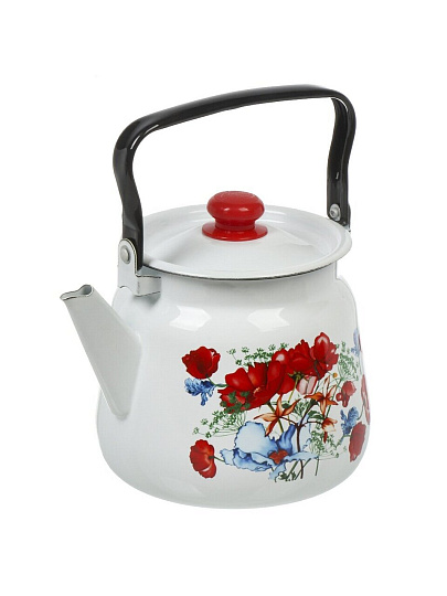 Чайник сталь, эмалированное покрытие, 3.5 л, с кнопкой, Сибирские товары, Цветы красные, белый, С2716.3*95
