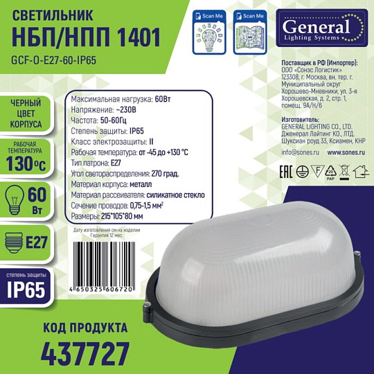 Светильник под лампу General Lighting Systems, ЖКХ 1401 НБП/НПП, 60 Вт, E27, на 1 лампочку, IP65, 21.5х10.5х8 см, без решетки, оцинкованный, черный, GCF-O-E27-60-IP65