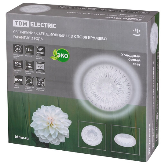 Светильник светодиодный, TDM Electric, СПС 06 Кружево, 15 Вт, 4000 К, 810 Лм, IP20, 30х30х10 см, белый, SQ0329-0188