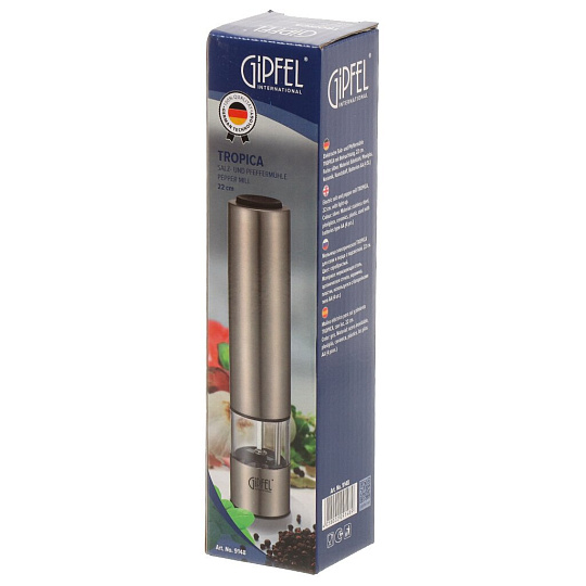 Мельница для специй нержавеющая сталь, пластик керамика, 22 см, электрическая, Gipfel, Tropica, 9148