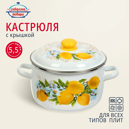 Кастрюля эмалированная сталь, 5.5 л, крышка сталь, сферический, Сибирские товары, Лимоны, 3MC221P, индукция