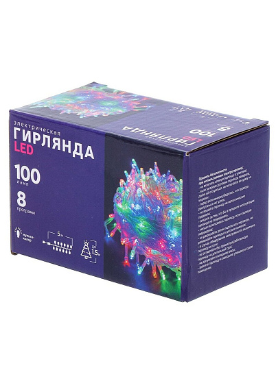 Гирлянда 100 ламп, 5 м, 8 режимов, свет мультиколор, прозрачная, в помещении, сетевая, LED