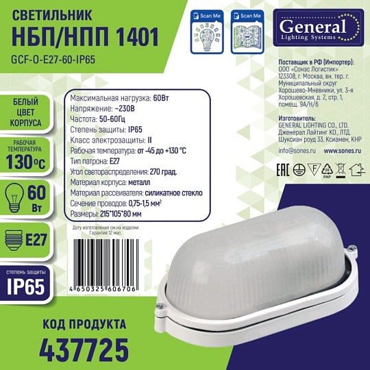 Светильник под лампу General Lighting Systems, ЖКХ 1401 НБП/НПП, 60 Вт, E27, на 1 лампочку, IP65, 21.5х10.5х8 см, без решетки, оцинкованный, белый, GCF-O-E27-60-IP65