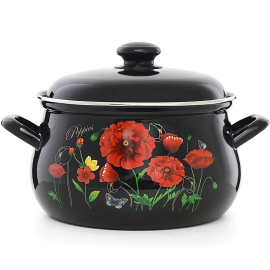 Кастрюля эмалированная сталь, 4.5 л, крышка сталь, индукция, круглая, Эстет, Красные маки, ЭТ-72858, черная, индукция