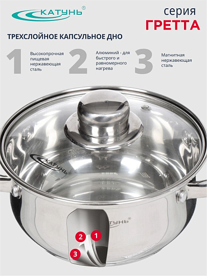 Кастрюля нержавеющая сталь, 1.6 л, крышка стекло, Катунь, Гретта, КТ04-D-16, индукция
