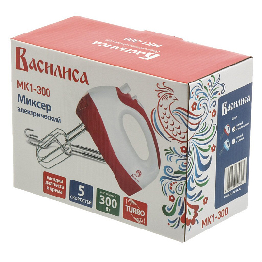 Миксер ручной, Василиса, МК1-300, 300 Вт, 5 скоростей, турбо режим, белый, малиновый