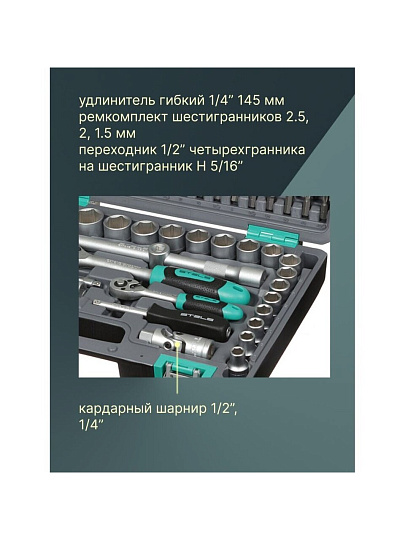 Набор слесарных инструментов Stels, 14106, 1/2", 1/4", сталь, кейс, 94 предмета