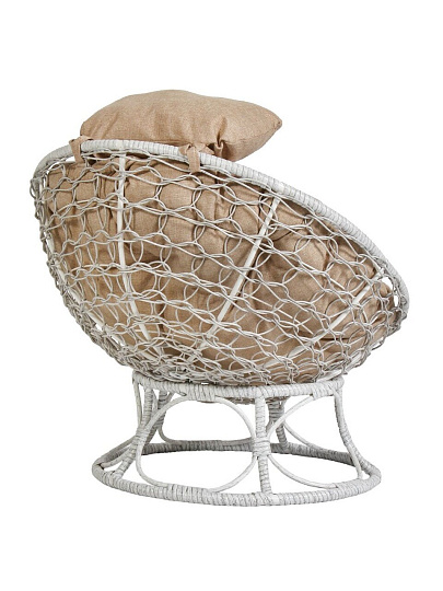 Кресло искусственный ротанг, Папасан Home мини, 81х68х77 см, белое, подушка беж. рогожка, 12870101
