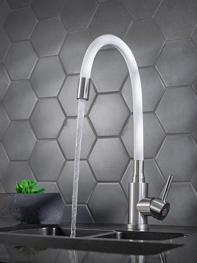 Смеситель для кухни, РМС, гибкий излив, с картриджем, белый, SUS124W-016F