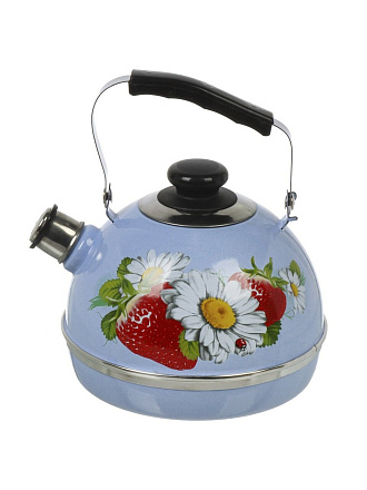 Чайник сталь, эмалированное покрытие, 3.5 л, со свистком, подвижная ручка, Рубин, Клубника с ромашкой, синий туман, TM04/35/08/05