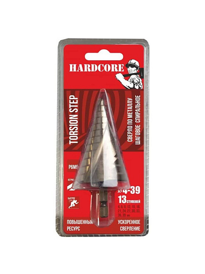 Сверло по металлу, шаговое спиральное, Hardcore, Torsion step, 4-39 мм, 13 ступеней, Р6М5, шестигранник, 144439