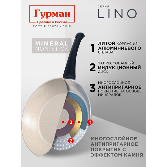 Сковорода литой алюминий, 28 см, антипригарное покрытие, Гурман, Lino, индукция, ГМ2801ЛИ