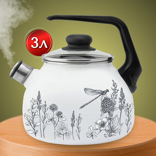 Чайник сталь, эмалированное покрытие, 3 л, со свистком, ручка пластиковая, Appetite, Flora-2, белый, 4с209я