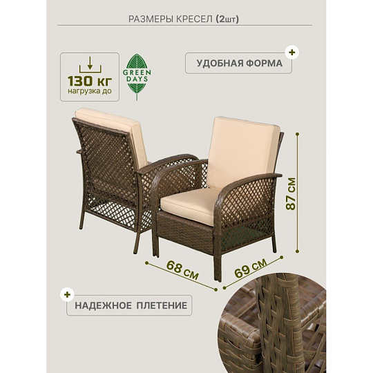 Мебель садовая Green Days, бежевая, стол, 105х60х48 см, 2 кресла, 1 диван, подушка, 130 кг, FFSET-1008