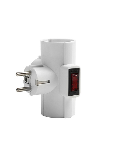 Разветвитель 3 гнезда, с заземлением, Т-образный, 16 А, 250 В, 3500 Вт, с выключателем, Domtok, 2663