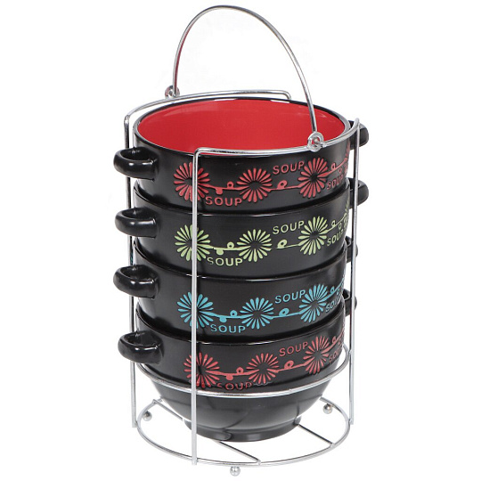 Бульонница керамика, 4 шт, 650 мл, металлическая подставка, Цветы на черном, Bohmann, 144ВНС