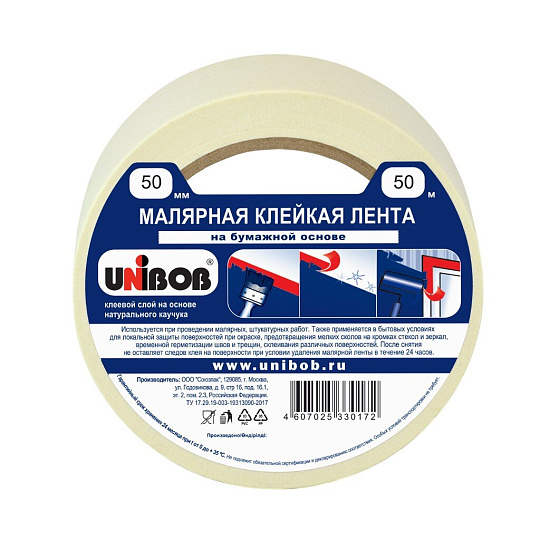 Клейкая лента малярная 50 мм, основа крепированная бумага, 50 м, UNIBOB, 28139