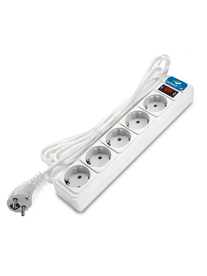 Сетевой фильтр 5 гнезд, 5 м, ПВС, 3х1 мм², 10 А, выключатель с индикацией, белый, Domtok, 2529