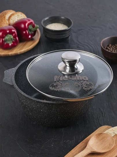 Кастрюля алюминий, антипригарное покрытие, 2 л, крышка стекло, Мечта, Гранит black, 42802