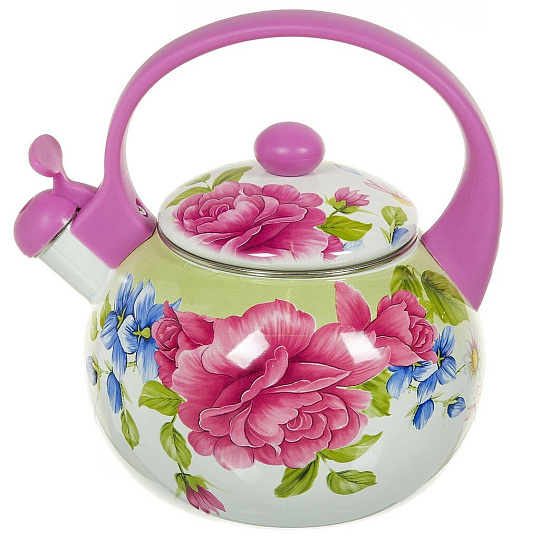 Чайник сталь, эмалированное покрытие, 2.2 л, со свистком, ручка пластиковая, Aurora, Пион, 1903