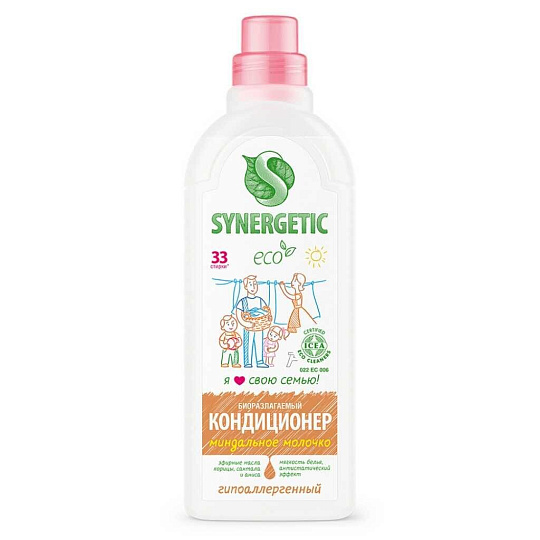 Кондиционер для белья Synergetic, 1 л, Миндальное молочко, концентрат