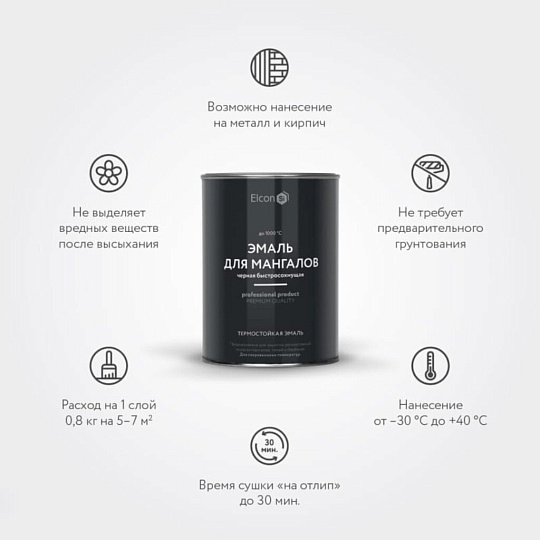 Эмаль Elcon, Max Therm, для мангалов, быстросохнущая, глянцевая, черная, 0.8 кг, 1000°С