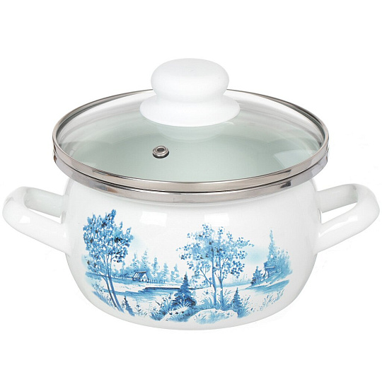 Кастрюля эмалированная сталь, 1.5 л, крышка стекло, Сантэкс, Гжель, 1-2415112, индукция