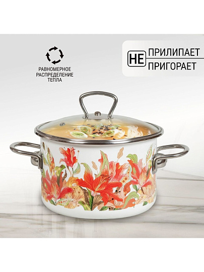 Кастрюля эмалированная сталь, 4 л, крышка стекло, цилиндрическая, Vitross, Lilianna, 1SD205S, индукция