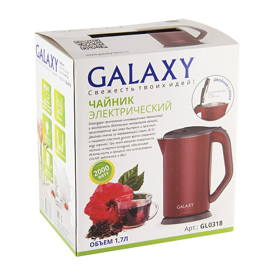 Чайник электрический Galaxy Line, GL 0318, красный, 1.7 л, 2000 Вт, скрытый нагревательный элемент, металл