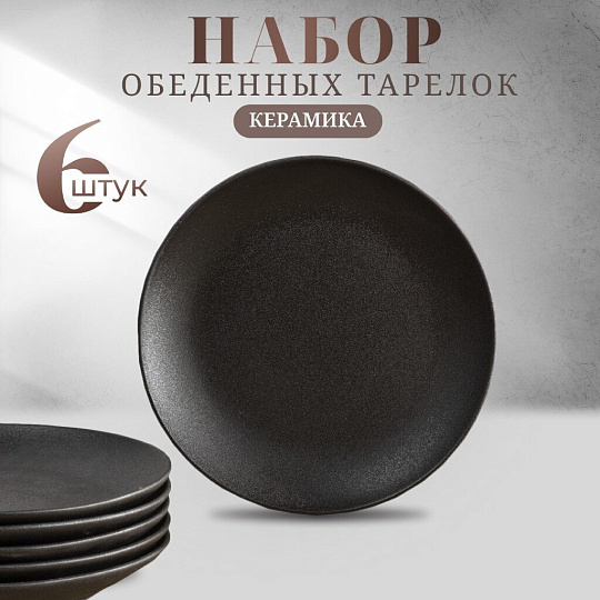 Тарелка обеденная, керамика, 6 шт, 24 см, круглая, Крафт, Daniks, Y4-7600, черная